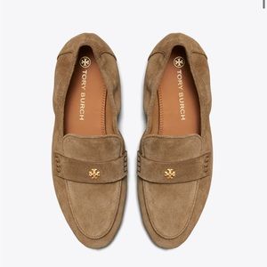 Tory Burch Suede Loafers in Taupe with Gold Logo
